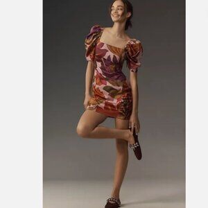 Farm Rio Anthropologie Puff Sleeve Square Neck Purple Green Mini Dress XL Nwt